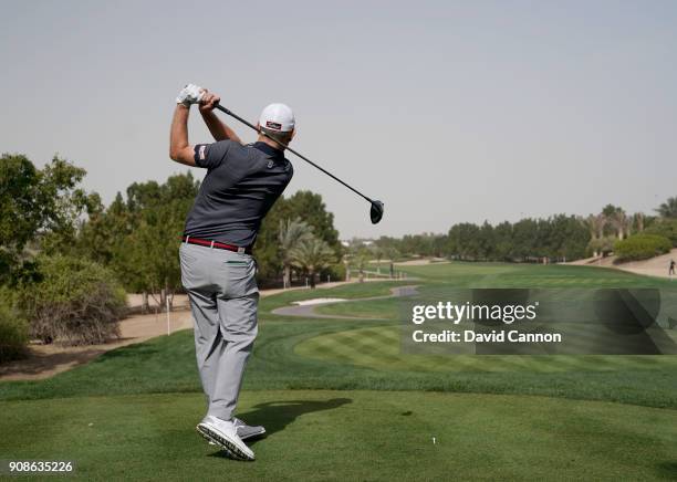 Stephen Gallacher of Scotland plays a driver during the final round of the Abu Dhabi HSBC Golf Championship at Abu Dhabi Golf Club on January 21,...