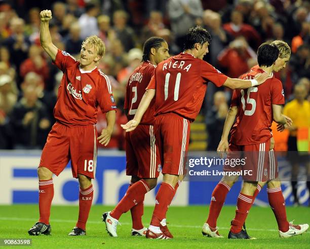 Dirk Kuyt of Liverpool celebrates after scoring a goal during the UEFA Champions League Group E match between Liverpool and Debrecen VSC at Anfield...
