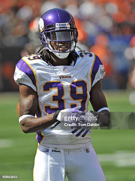 Husain Abdullah of the Minnesota Vikings gets ready for the play to start during an NFL game against the Cleveland Browns, September 13 at Cleveland...