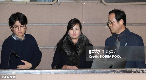 Hyon Song-Wol , leader of North Korea's popular Moranbong band, inspects the Korea National Theater which plans to host musical concerts during the...