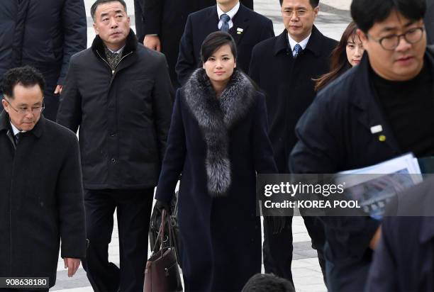 Hyon Song-Wol , leader of North Korea's popular Moranbong band, arrives at the Korea National Theater to inspect venues for planned musical concerts...