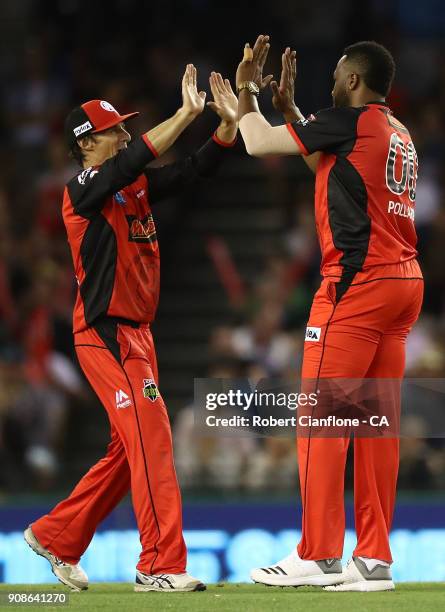 Keiron Pollard of the Renegades celebrates with Bradd Hogg the wicket of Travis Head of the Strikers during the Big Bash League match between the...