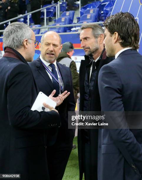 Jaime Teixeira, Antero Henrique, Jean-Claude Blanc and Maxwell of Paris Saint-Germain attend the Ligue 1 match between Olympique Lyonnais and Paris...