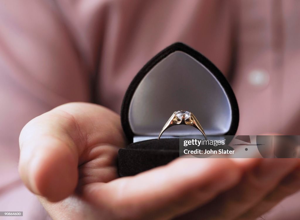 Close-up of hand holding engagement ring