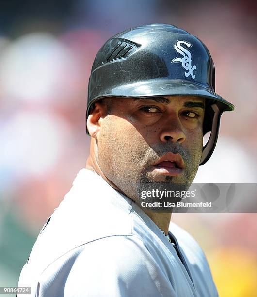 Ramon Castro of the Chicago White Sox waits on deck during the game against the Los Angeles Angels of Anaheim at Angel Stadium of Anaheim on...