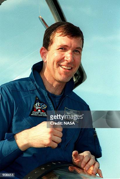 Pilot Rick Douglas Husband arrives at the Shuttle Landing Facility April 26, 1999 in a T-38 jet aircraft. The STS-96 crew are taking part in Terminal...