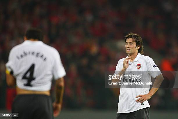 Tomas Rosicky of Arsenal looks on during the UEFA Champions League Group H match between Standard Liege and Arsenal at the Sclessin Stadium on...