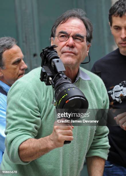 Oliver Stone directs on location for "Wall Street 2" on the streets of Manhattan on September 16, 2009 in New York City.