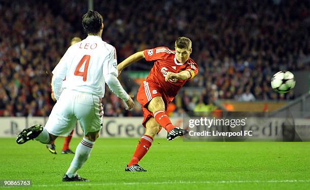 Captian Steven Gerrard of Liverpool has a shot on goal during the UEFA Champions League Group E match between Liverpool and Debrecen VSC at Anfield...