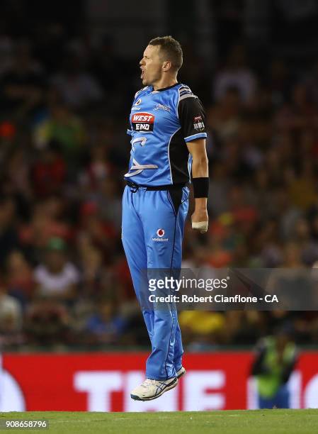 Peter Siddle of the Strikers celebrates the wicket of Tim Ludeman of the Renegades during the Big Bash League match between the Melbourne Renegades...