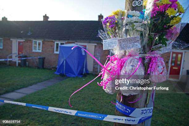 Police tent and floral tributes stand outside a home in Valley View, Brownhills, Walsall, where Mylee Billingham, aged eight, was stabbed and later...