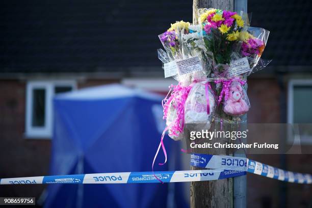 Police tent and floral tributes stand outside a home in Valley View, Brownhills, Walsall, where Mylee Billingham, aged eight, was stabbed and later...