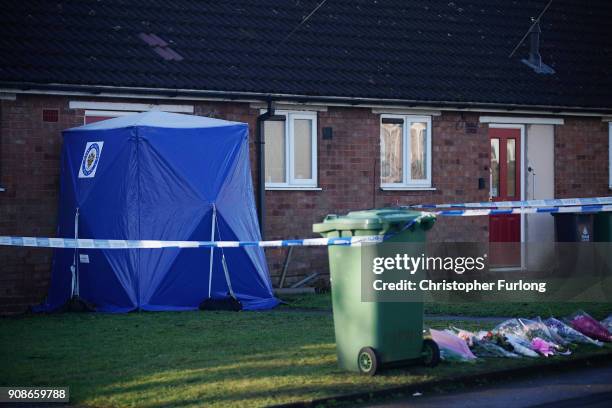 Police tent and floral tributes stand outside a home in Valley View, Brownhills, Walsall, where Mylee Billingham, aged eight, was stabbed and later...