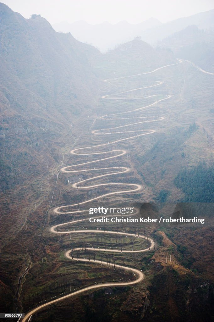 A winding mountain road, China, Asia