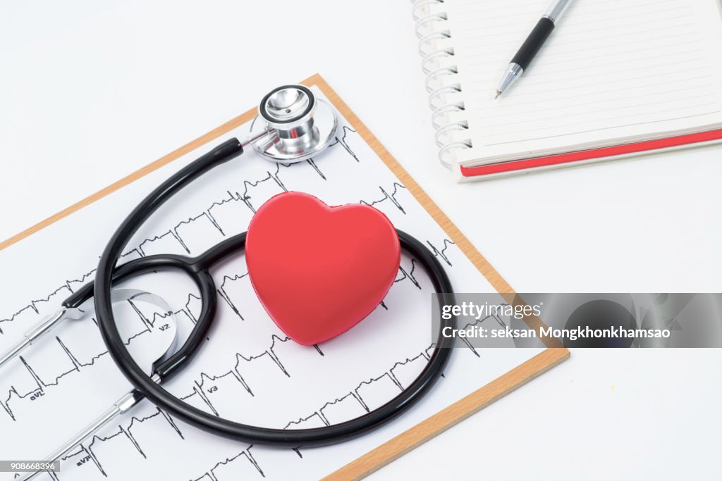 Medical stethoscope head and red toy heart lying on cardiogram chart closeup. Cardio therapeutist, pulse graph, cardiac physical, heart rate measure, arrhythmia, 911, er and resuscitation concept