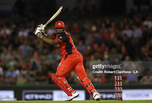 Keiron Pollard of the Renegades bats during the Big Bash League match between the Melbourne Renegades and the Adelaide Strikers at Etihad Stadium on...