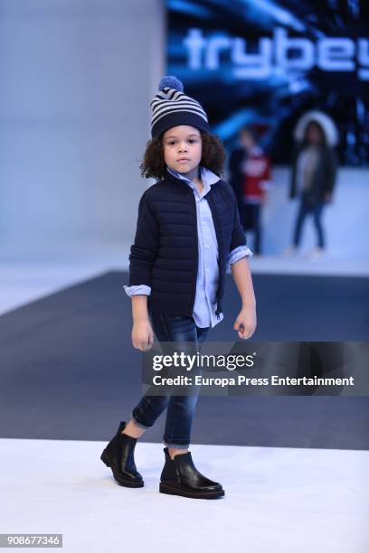 Model walks the childish fashion show by Trybeyond by Mauli during FIMI at Pabellon de Cristal on January 19, 2018 in Madrid, Spain.