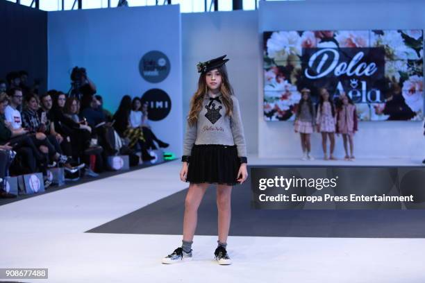 Model walks the childish fashion show by Dolce Aela during FIMI at Pabellon de Cristal on January 19, 2018 in Madrid, Spain.