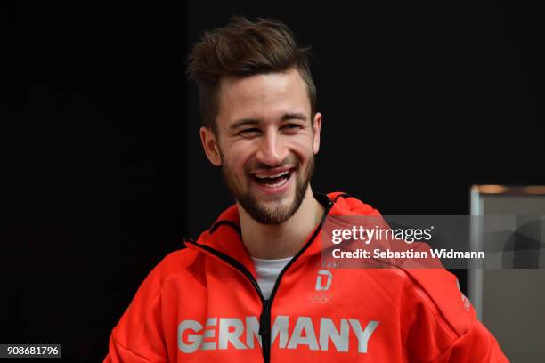 Markus Eisenbichler smiles during the 2018 PyeongChang Olympic Games German Team kit handover at Postpalast on January 22, 2018 in Munich, Germany.