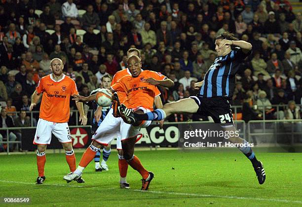 Andy Carroll sees his flick go just wide during the Coca-Cola League Championship match between Blackpool and Newcastle United at Bloomfield Road...