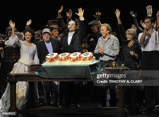 Actress Jennifer Hope Wills, director Harold Prince, actor John Cudia, composer Andrew Lloyd Webber and choreographer Gillian Lynne wave to the...