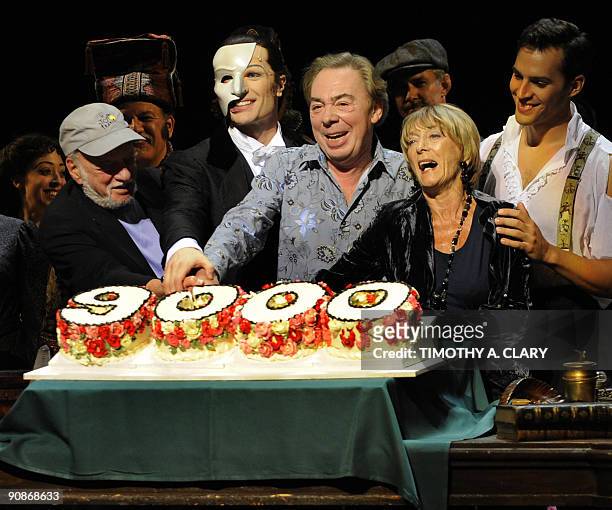 Director Harold Prince, actor John Cudia, composer Andrew Lloyd Webber, choreographer Gillian Lynne and actor Ryan Silverman celebrate as they cut a...
