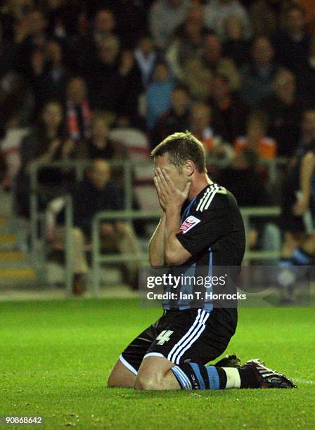 Kevin Nolan looks dejected after heading just over during the Coca-Cola League Championship match between Blackpool and Newcastle United at...