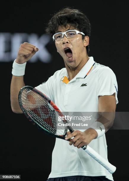 Hyeon Chung of South Korea celebrates winning a point in his fourth round match against Novak Djokovic of Serbiaon day eight of the 2018 Australian...