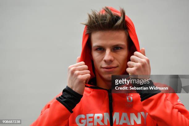 Andreas Wellinger poses for a photographer during the 2018 PyeongChang Olympic Games German Team kit handover at Postpalast on January 22, 2018 in...