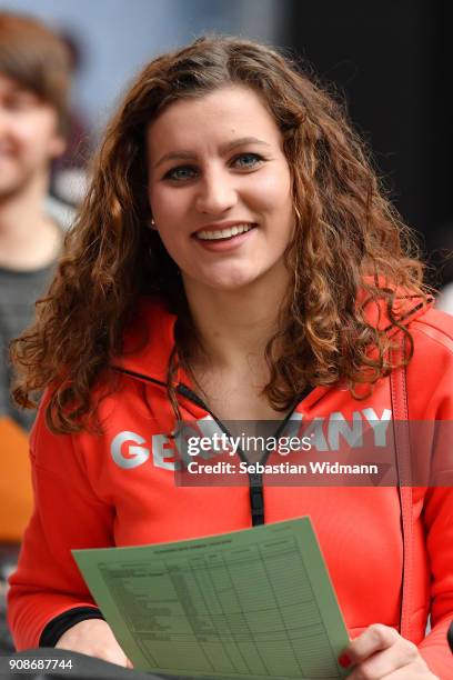 Ramona Hofmeister smiles during the 2018 PyeongChang Olympic Games German Team kit handover at Postpalast on January 22, 2018 in Munich, Germany.