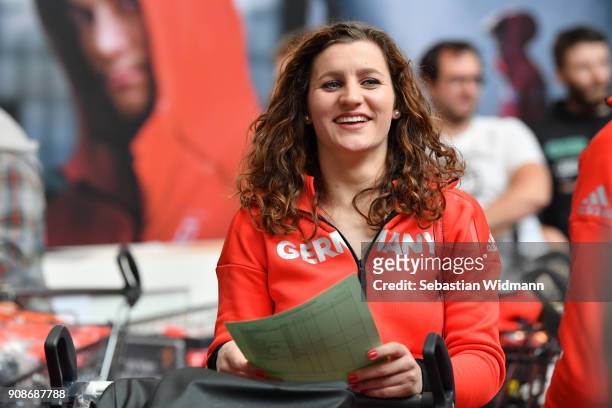 Ramona Hofmeister smiles during the 2018 PyeongChang Olympic Games German Team kit handover at Postpalast on January 22, 2018 in Munich, Germany.