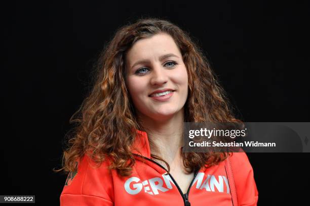 Ramona Hofmeister smiles during the 2018 PyeongChang Olympic Games German Team kit handover at Postpalast on January 22, 2018 in Munich, Germany.