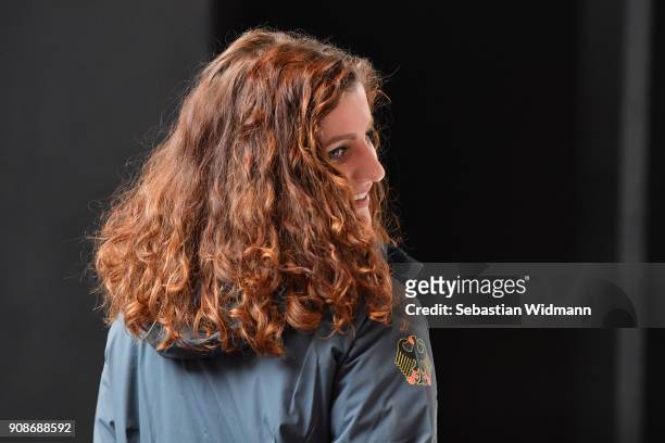 Ramona Hofmeister tries on a jacket during the 2018 PyeongChang Olympic Games German Team kit handover at Postpalast on January 22, 2018 in Munich,...