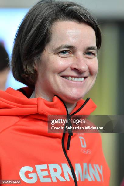 Veronika Ruecker, chairwoman of the DOSB smiles during the 2018 PyeongChang Olympic Games German Team kit handover at Postpalast on January 22, 2018...