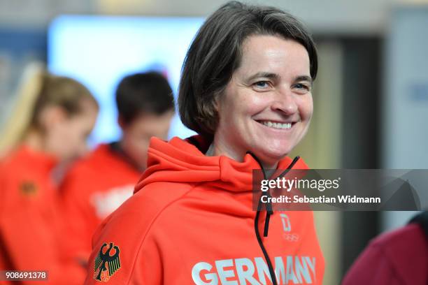 Veronika Ruecker, chairwoman of the DOSB smiles during the 2018 PyeongChang Olympic Games German Team kit handover at Postpalast on January 22, 2018...