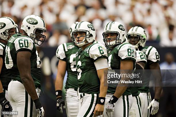 Mark Sanchez of the New York Jets looks over to the sidelines during a game against the Houston Texans at Reliant Stadium on September 13, 2009 in...