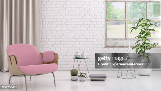 rosa farbigen sessel mit couchtisch, blumen und leeren wandschablone - table brick wall wood stock-fotos und bilder