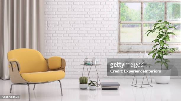 gelbe farbige sessel mit couchtisch, blumen und leeren wandschablone - table brick wall wood stock-fotos und bilder