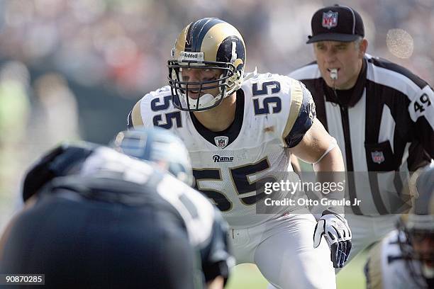 James Laurinaitis of the St. Louis Rams gets ready to move off the line during the game against the Seattle Seahawks on September 13, 2009 at Qwest...