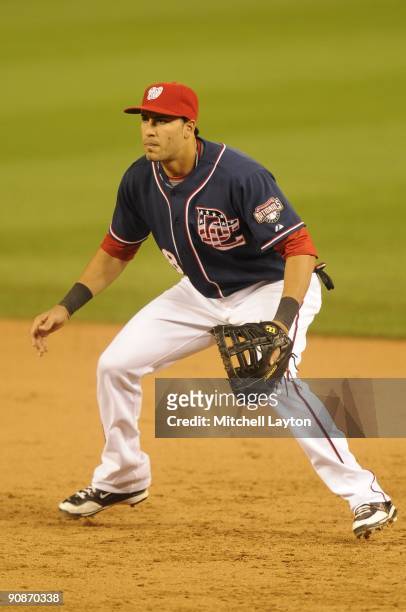 Mike Morse of the Washington Nationals prepares for a ground ball during a baseball game against the Philadelphia Phillies on September 10, 2009 at...