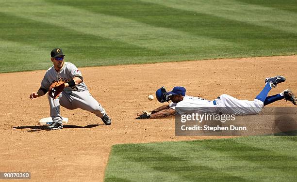 Juan Pierre of the Los Angeles Dodgers slides into second with a stolen base ahead of the throw to second baseman Ramon Vazquez of the Pittsburgh...