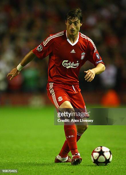 Albert Riera of Liverpool in action during the UEFA Champions League Group E match between Liverpool and Debrecen VSC at Anfield on September 16,...