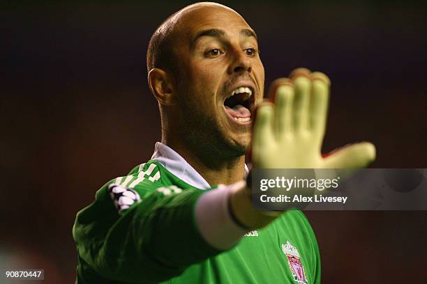 Pepe Reina of Liverpool gestures during the UEFA Champions League Group E match between Liverpool and Debrecen VSC at Anfield on September 16, 2009...