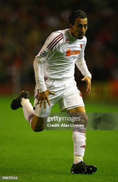 Leandro of Debrecen VSC in action during the UEFA Champions League Group E match between Liverpool and Debrecen VSC at Anfield on September 16, 2009...