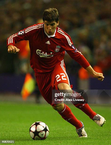 Emiliano Insua of Liverpool in action during the UEFA Champions League Group E match between Liverpool and Debrecen VSC at Anfield on September 16,...