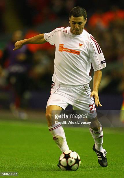 Marcell Fodor of Debrecen VSC in action during the UEFA Champions League Group E match between Liverpool and Debrecen VSC at Anfield on September 16,...