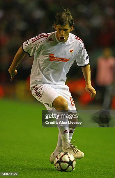 Zsolt Laczko of Debrecen VSC in action during the UEFA Champions League Group E match between Liverpool and Debrecen VSC at Anfield on September 16,...