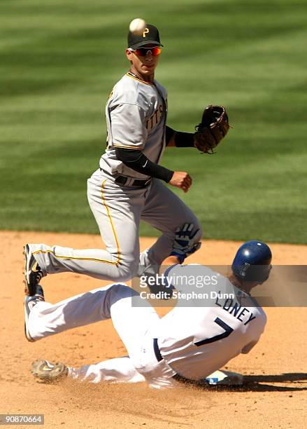 Shortstop Ronny Cedeno of the Pittsburgh Pirates throws to first to complete a double play after forcing out James Loney of the Los Angeles Dodgers...