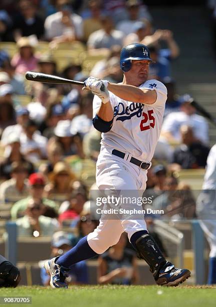 Jim Thome of the Los Angeles Dodgers bats against the Pittsburgh Pirates on September 16, 2009 at Dodger Stadium in Los Angeles, California. The...