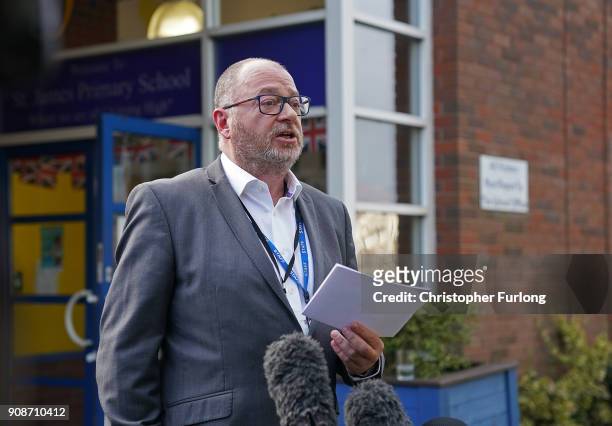 Andy Nicholls the headteacher of St James Primary School, where murder victim Mylee Billingham aged eight was a pupil, makes a statement to the media...